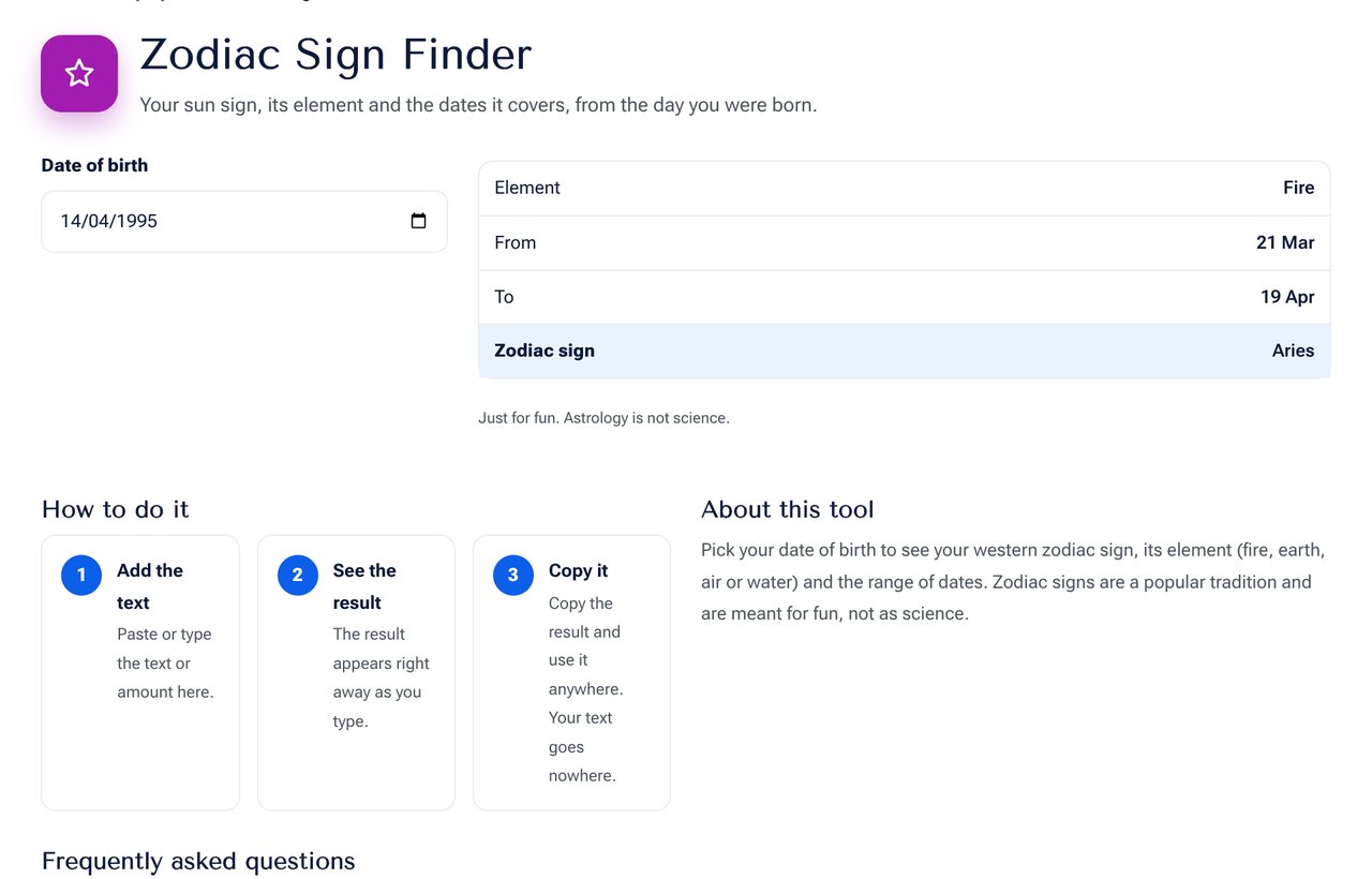 Zodiac Sign Finder on shobfree.com with example values filled in